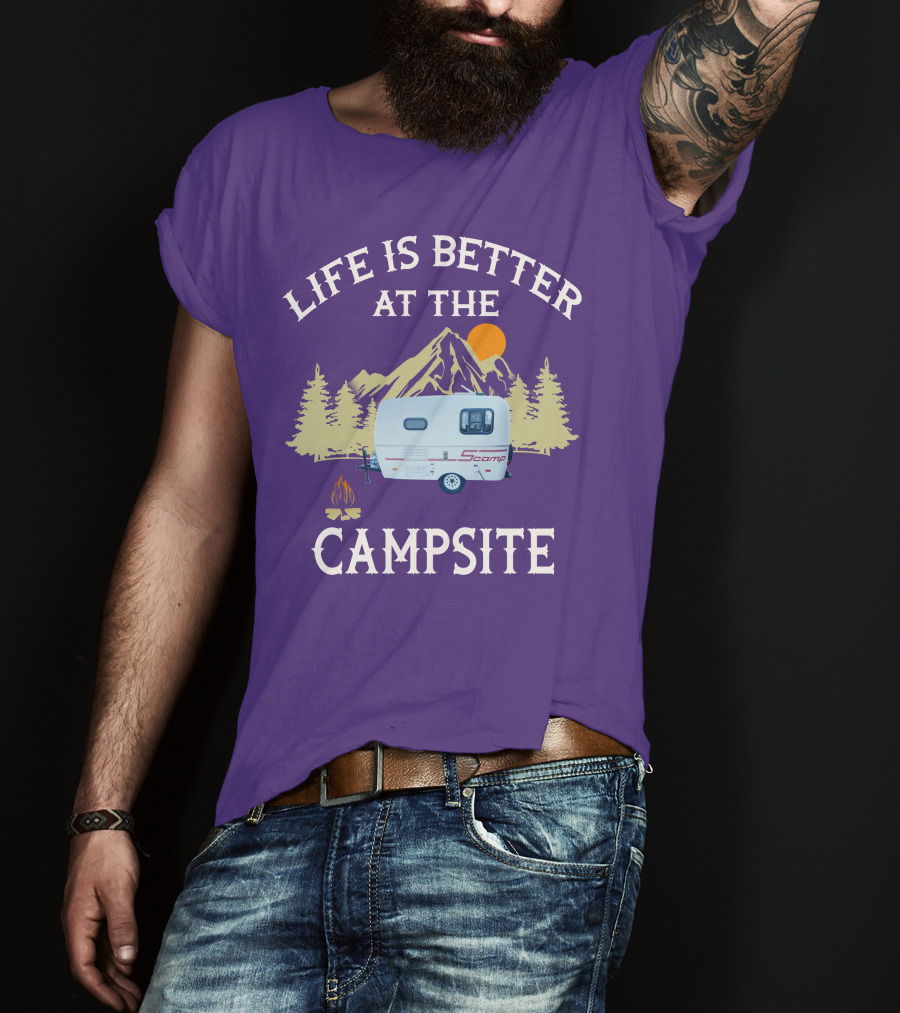Life Is Better At The Campsite Scamp Small Travel Trailers Mountain Sunset T-Shirt