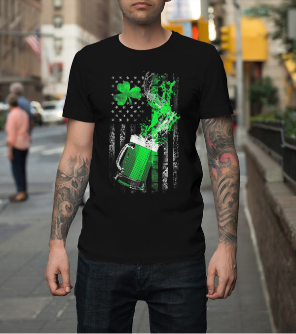 Shirt: Green Beer Shamrock American Flag Splash T-Shirt Green Beer Shamrock American Flag Splash T-Shirt