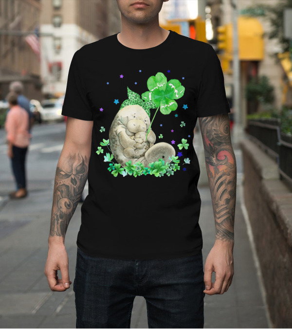 Shirt: Manatee with Shamrock Holding Baby Surrounded by Stars and Clovers T-Shirt Manatee with Shamrock Holding Baby Surrounded by Stars and Clovers T-Shirt