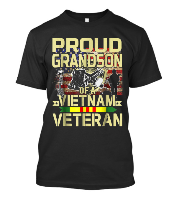 Proud Grandson Of A Vietnam Veteran American Flag Boots Rifle T-Shirt