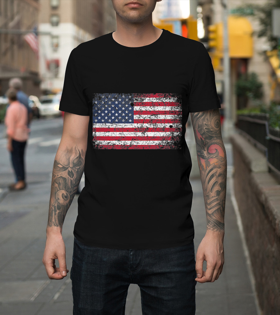 Distressed USA Flag 4th of July Pocket T-Shirt