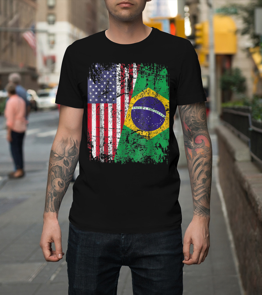 Brazilian Roots American Flag Brazil Flag Grunge T-Shirt
