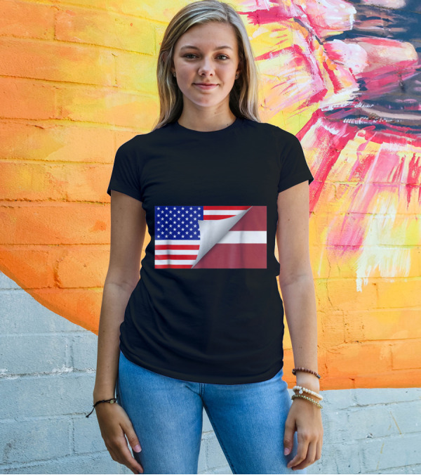Latvian American Flag Peel Half Latvian Half American T-Shirt