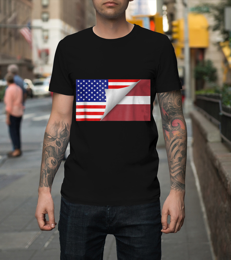 Latvian American Flag Peel Half Latvian Half American T-Shirt