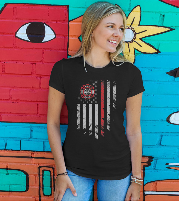 Thin Red Line Firefighter Dept Maltese Cross American Flag T-Shirt