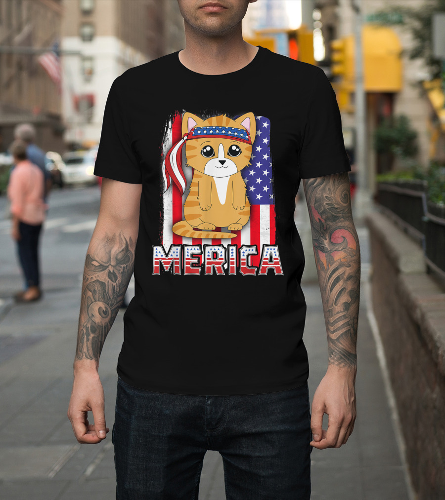Merica Cat Kitty Kitten 4th of July American Flag T-Shirt