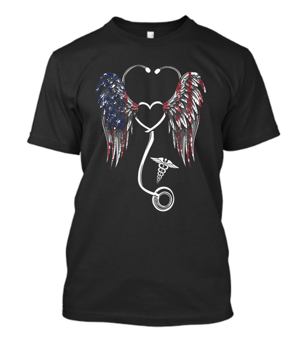 American Nurse Stethoscope With Angel Wings And Flag T-Shirt