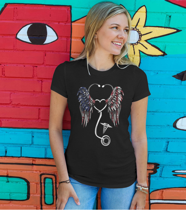 American Nurse Stethoscope With Angel Wings And Flag T-Shirt
