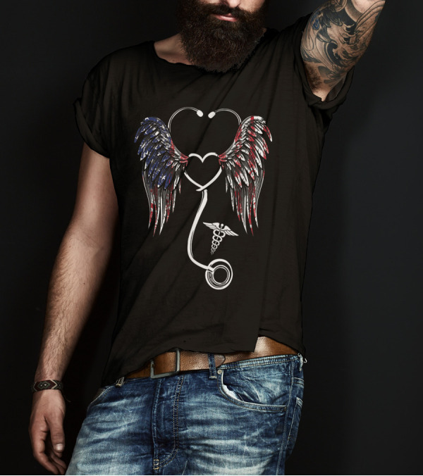American Nurse Stethoscope With Angel Wings And Flag T-Shirt