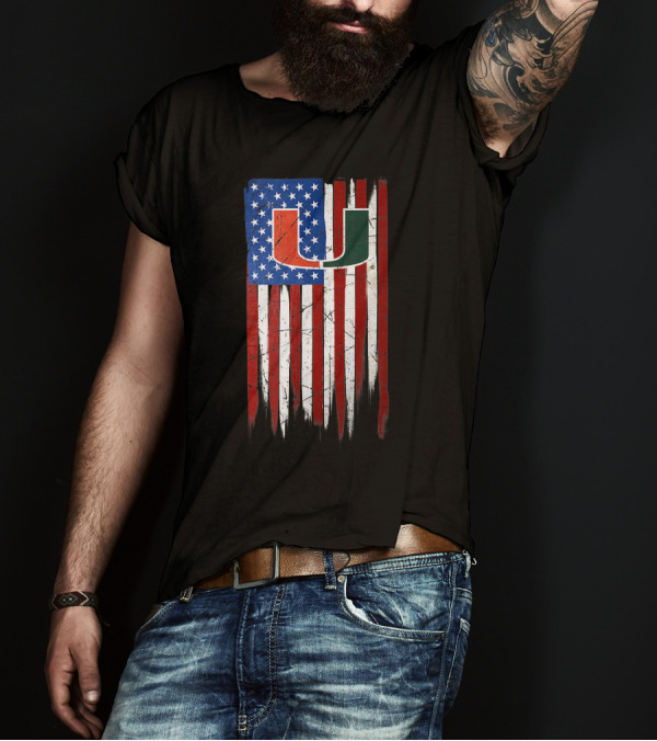 Miami Hurricanes U Logo Grunge Distressed American Flag T-Shirt