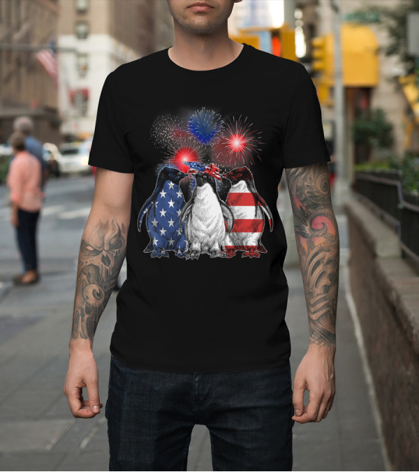 Shirt: July 4th Penguin Trio with American Flag Patterns and Fireworks USA Fourth T-Shirt July 4th Penguin Trio with American Flag Patterns and Fireworks USA Fourth T-Shirt