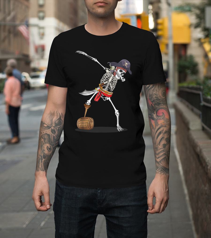 Dabbing Skeleton Pirate Halloween Dab with Sword and Barrel T-Shirt