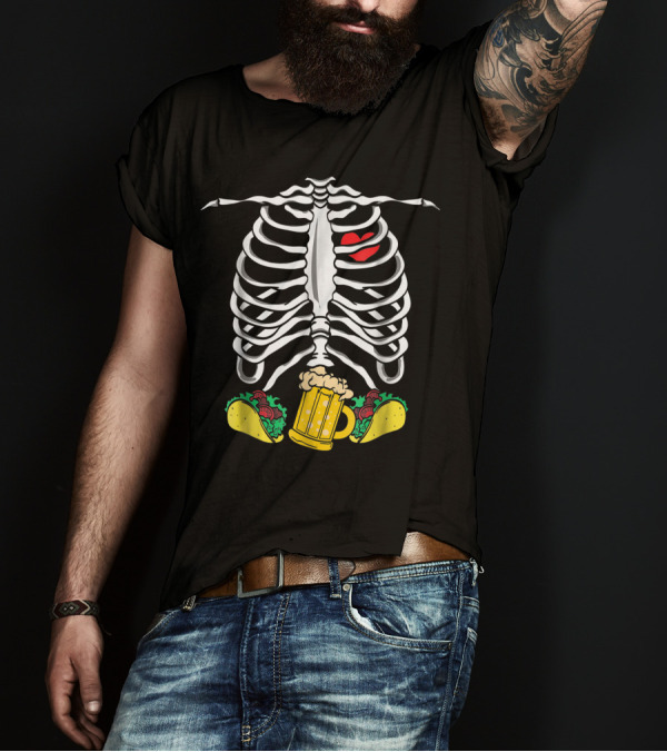 Skeleton Ribcage With Tacos And Beer Mug Halloween T-Shirt
