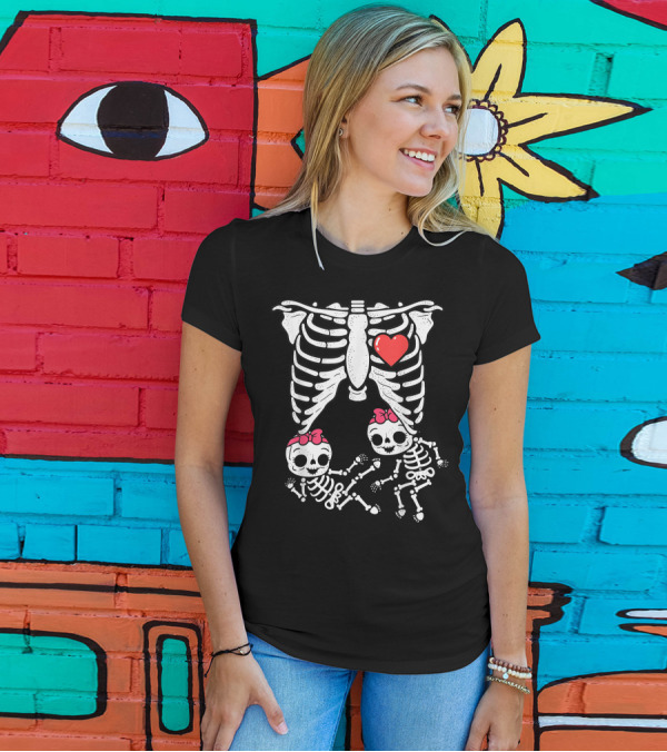 Skeleton X Ray Pregnant With Twins Heart And Bows T-Shirt
