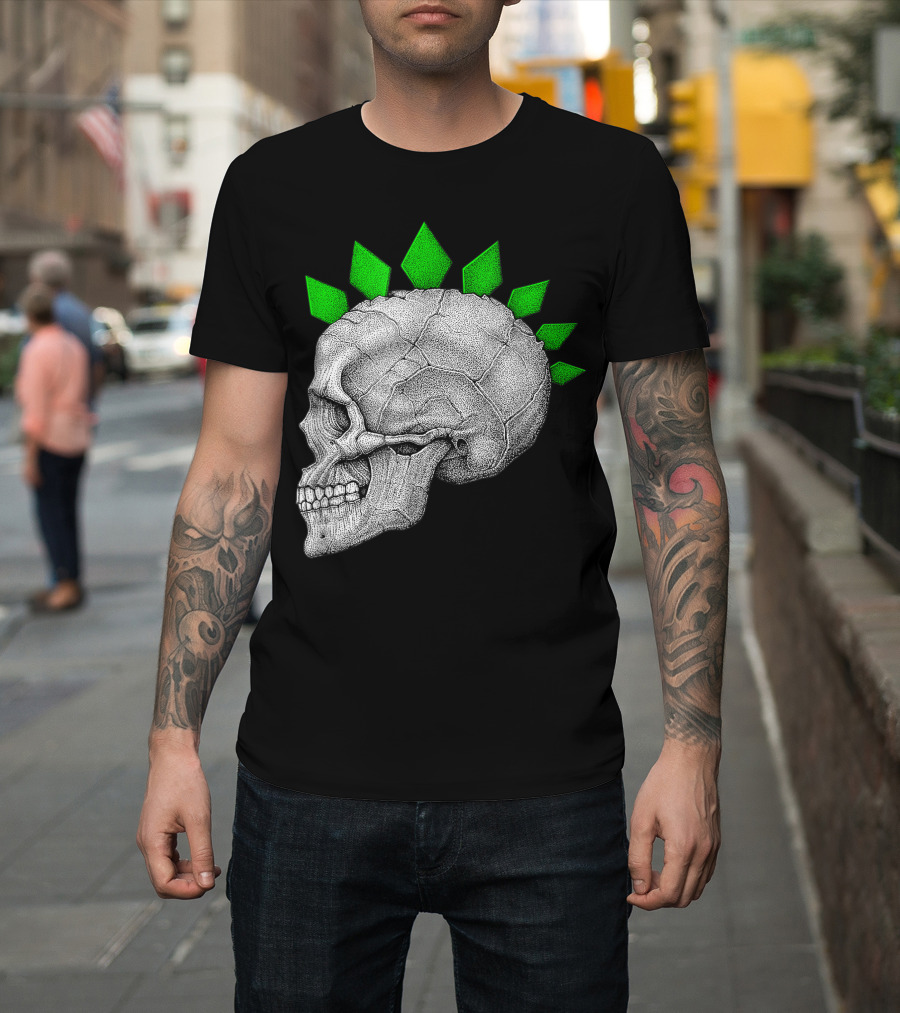 Halloween Skull Skeleton Head with Green Mohawk Spikes T-Shirt