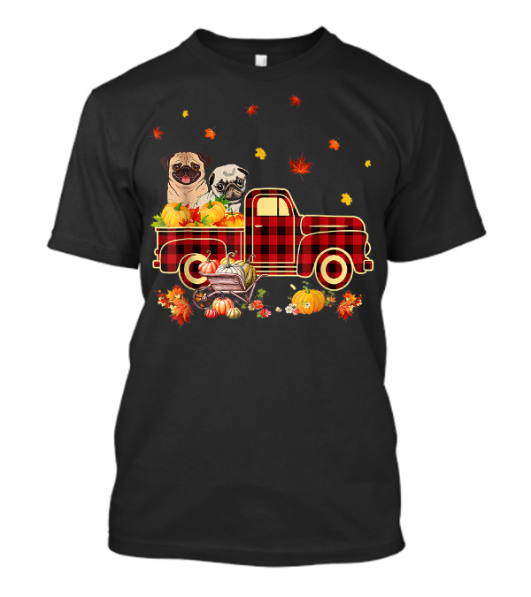 Thanksgiving Pug Pumpkin Plaid Truck Autumn Leaves Halloween T-Shirt