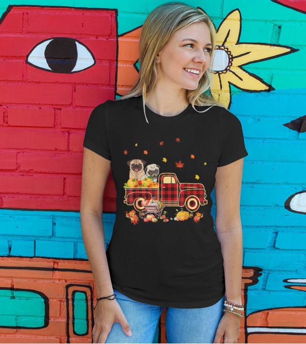 Thanksgiving Pug Pumpkin Plaid Truck Autumn Leaves Halloween T-Shirt