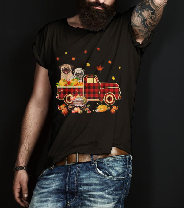 Thanksgiving Pug Pumpkin Plaid Truck Autumn Leaves Halloween T-Shirt