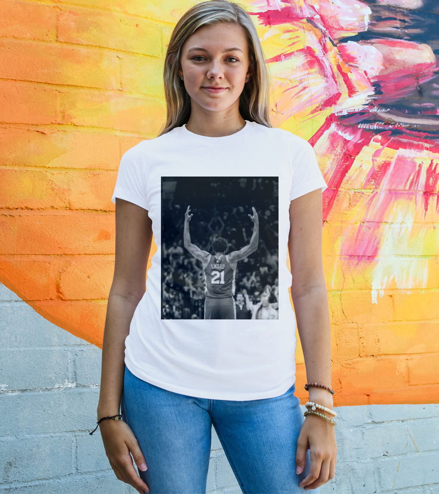 Joel Troel Embiid 21 Basketball Celebration Back View T-Shirt