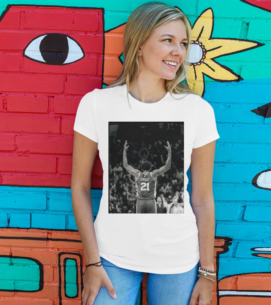 Joel Troel Embiid 21 Basketball Celebration Back View T-Shirt