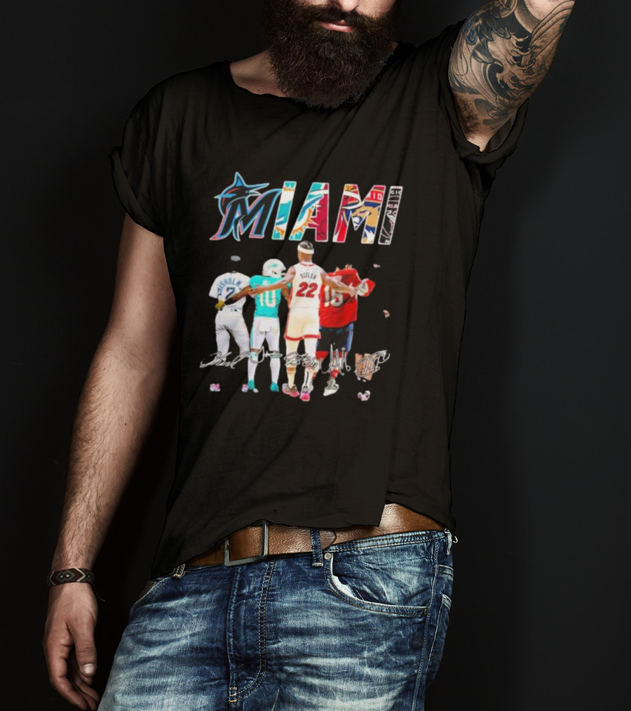 Miami Marlins Dolphins Heat Panthers Players Signatures T-Shirt