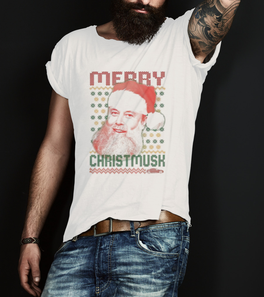 Merry Christmusk Santa Hat Beard Christmas Car T-Shirt