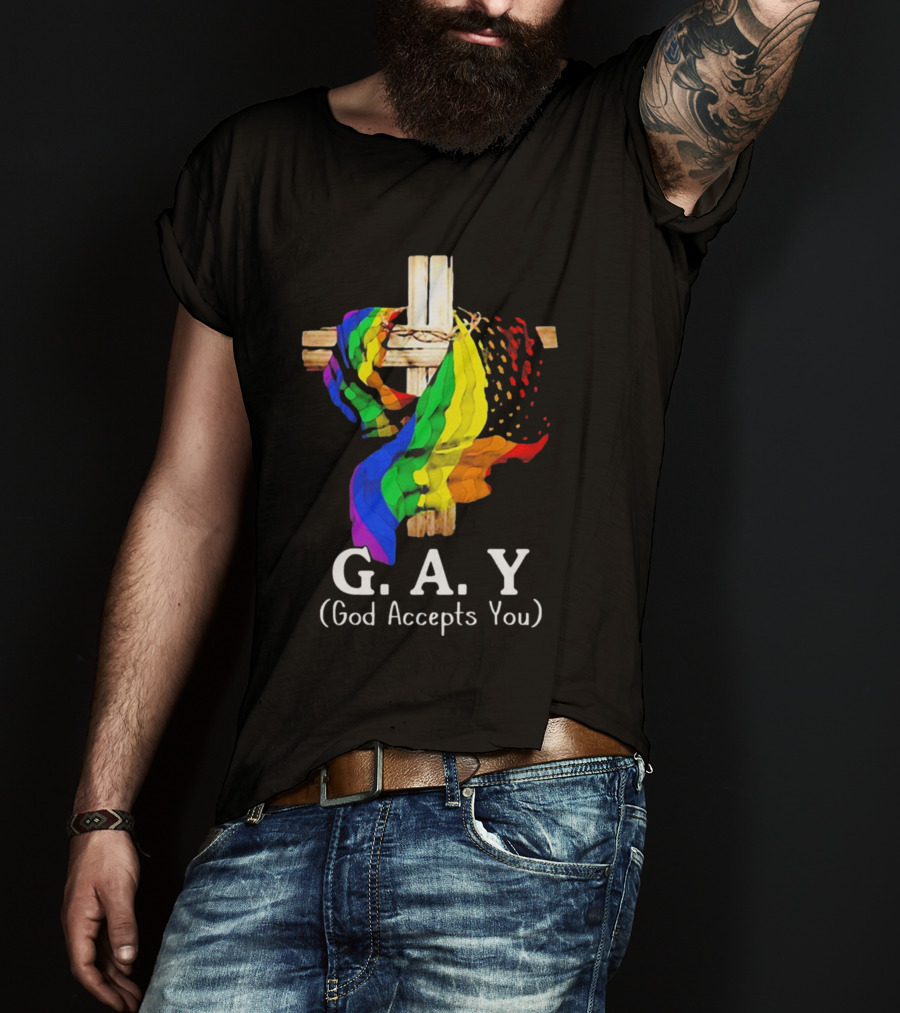 GAY Pride Cross God Accepts You Rainbow Flag T-Shirt