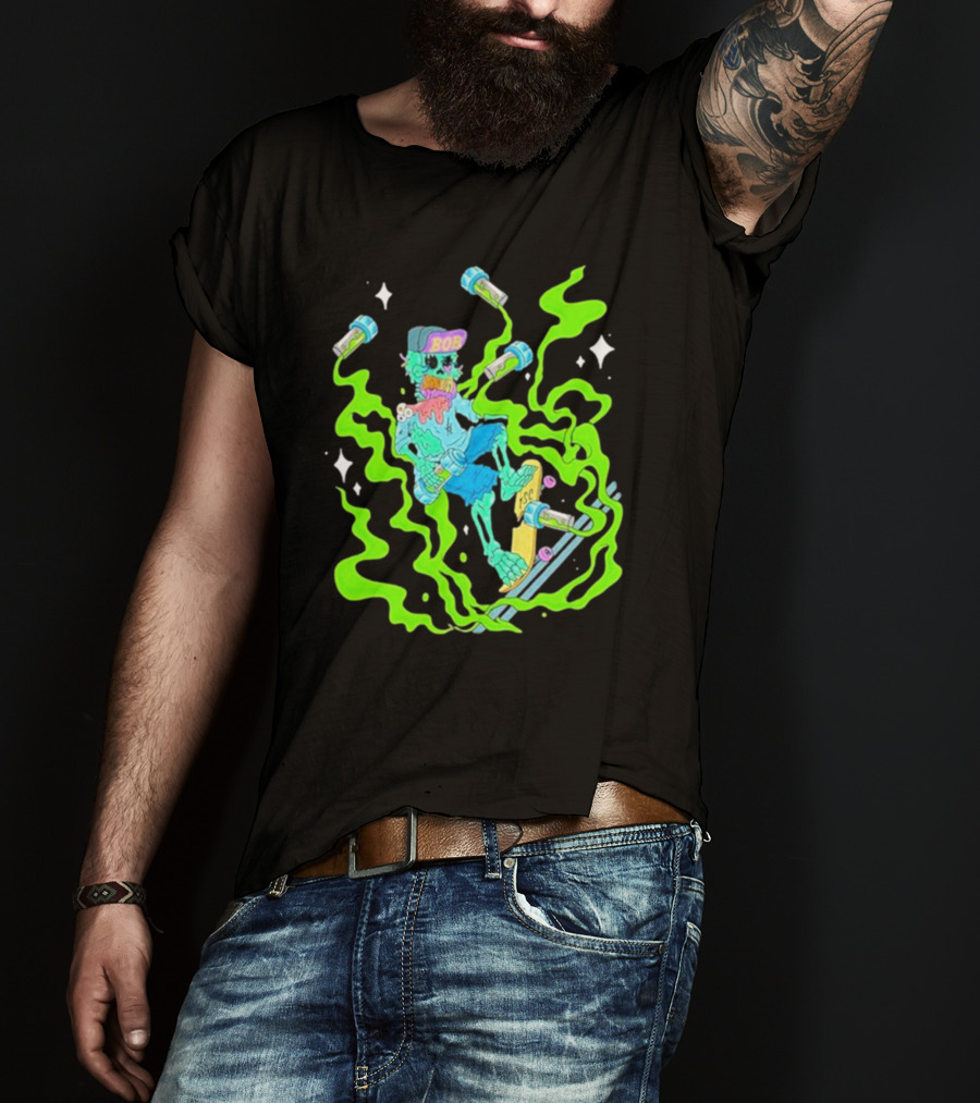 Toxic Skulls Club Bobburnquist Skateboarding Skeleton With Green Smoke And Skateboard T-Shirt