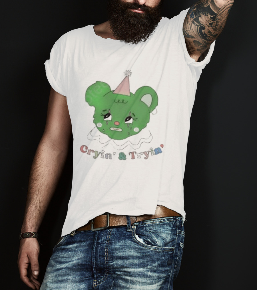 Smilecult Merch Cryin’ And Tryin’ Sad Bear With Party Hat T-Shirt
