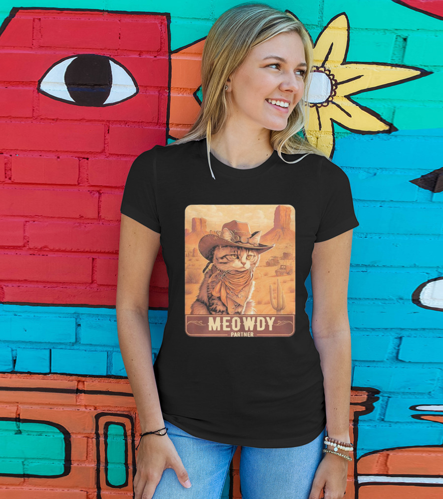 Meowdy Partner Cowboy Cat In Desert Scene With Cactus And Wagon T-Shirt
