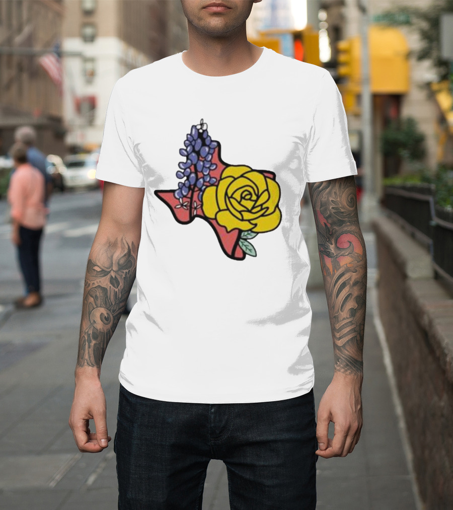 Texas Wildflower Humor Yellow Rose Bluebonnet State Outline T-Shirt
