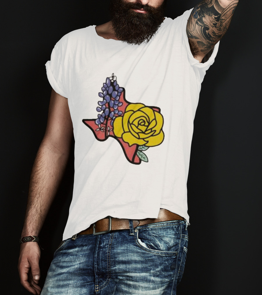 Texas Wildflower Humor Yellow Rose Bluebonnet State Outline T-Shirt