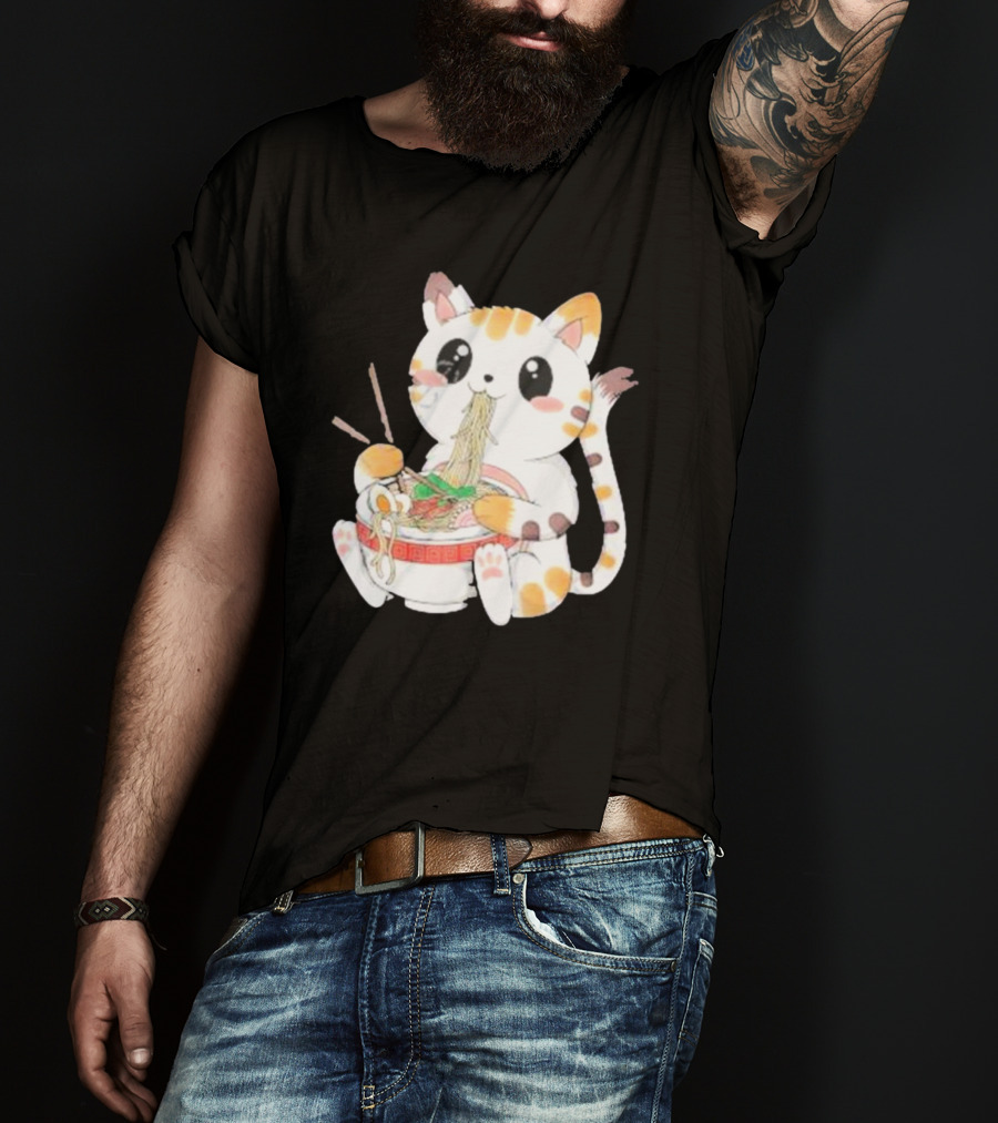 Kawaii Neko Eating Ramen In Cute Cartoon T-Shirt