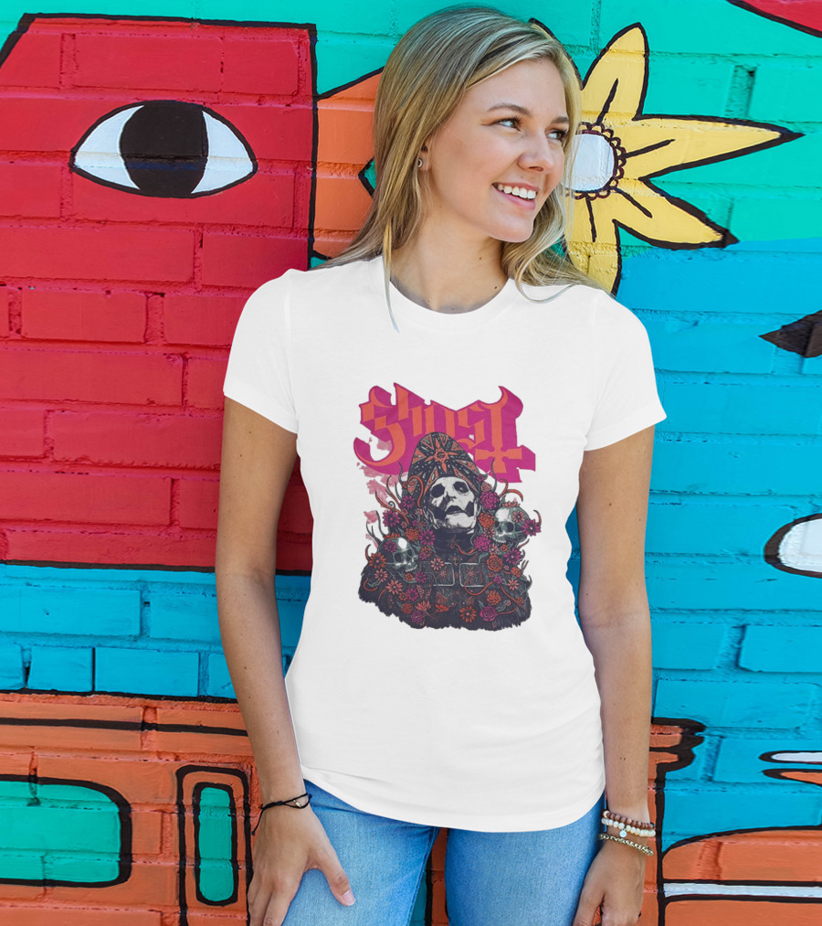 Ghost Skull In Floral Bliss Pink Crystal Wash T-Shirt