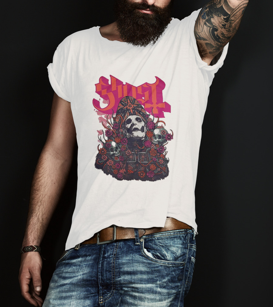 Ghost Skull In Floral Bliss Pink Crystal Wash T-Shirt