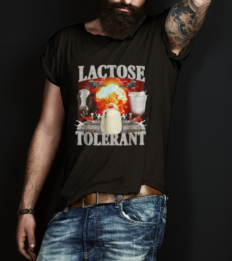 LACTOSE TOLERANT Milk Explosion Cow Jug Planes Battle Scene T-Shirt