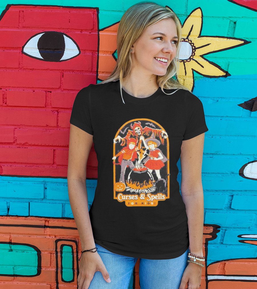Curses Spells Mineral Wash Boyfriend Fit Girls Kids Halloween Cauldron T-Shirt
