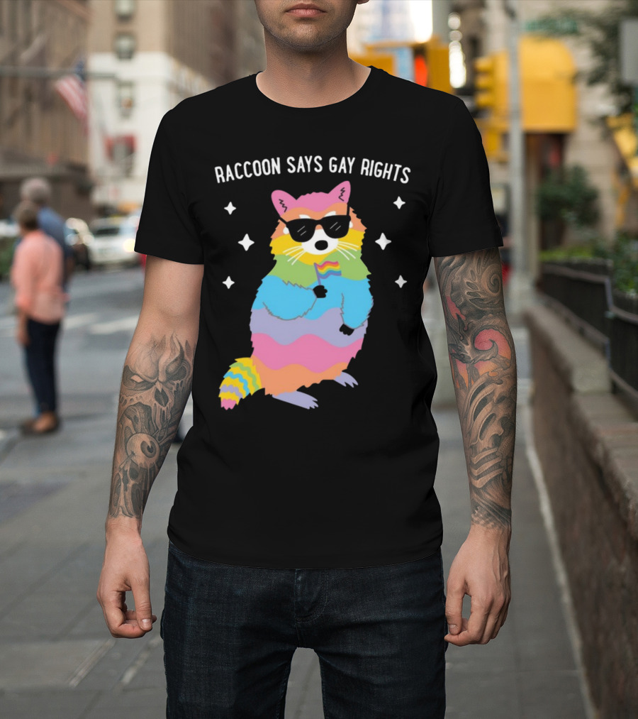 Raccoon Says Gay Rights Pride Rainbow Sunglasses Flag T-Shirt
