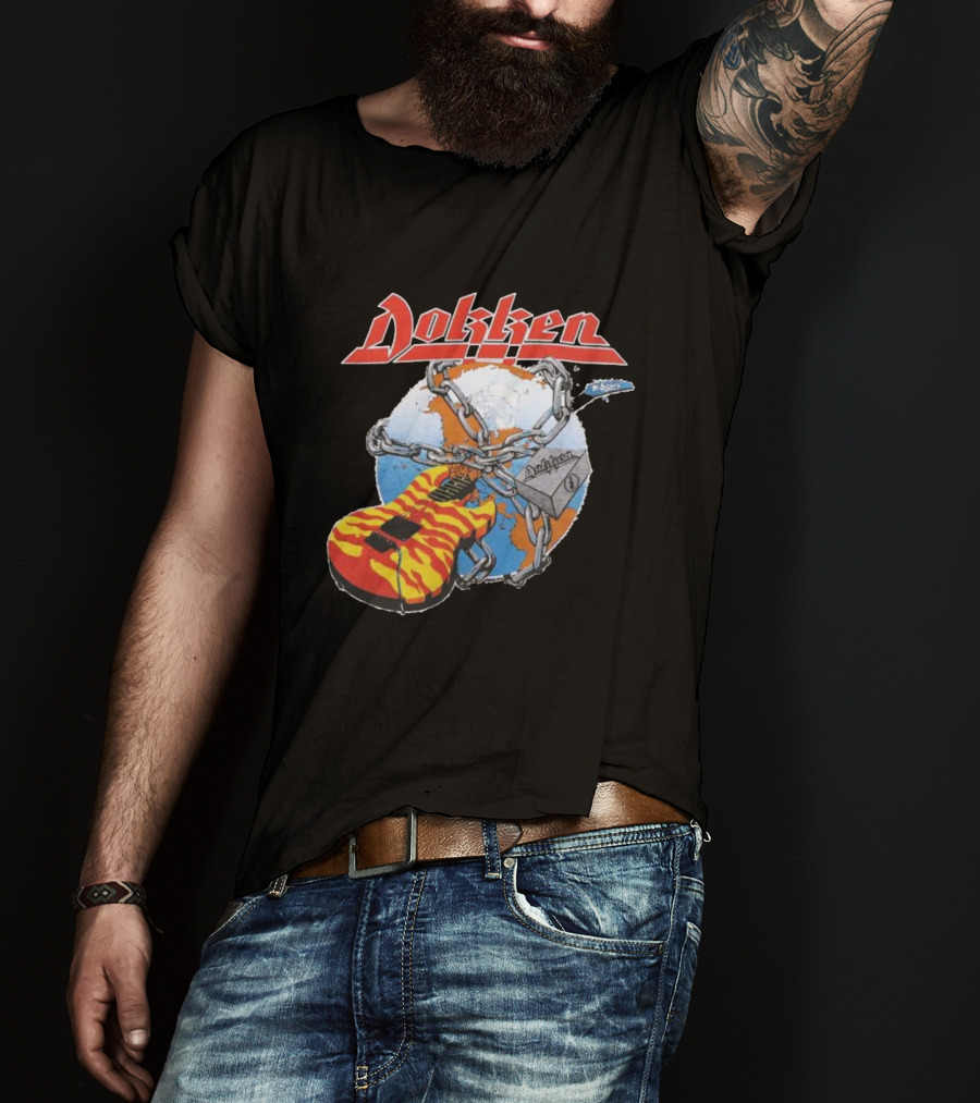 1980s Dokken Rokken With Dokken Flaming Guitar Chained To Globe T-Shirt