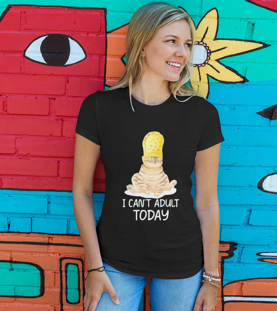 Cat Wearing Yellow Crocs I Can’t Adult Today T-Shirt