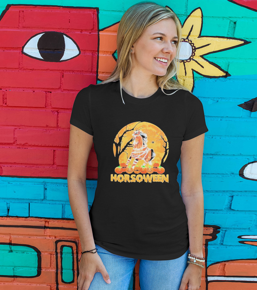 Horsoween Bandaged Horse Spider Web Haunted Pumpkins Red Moon Halloween T-Shirt