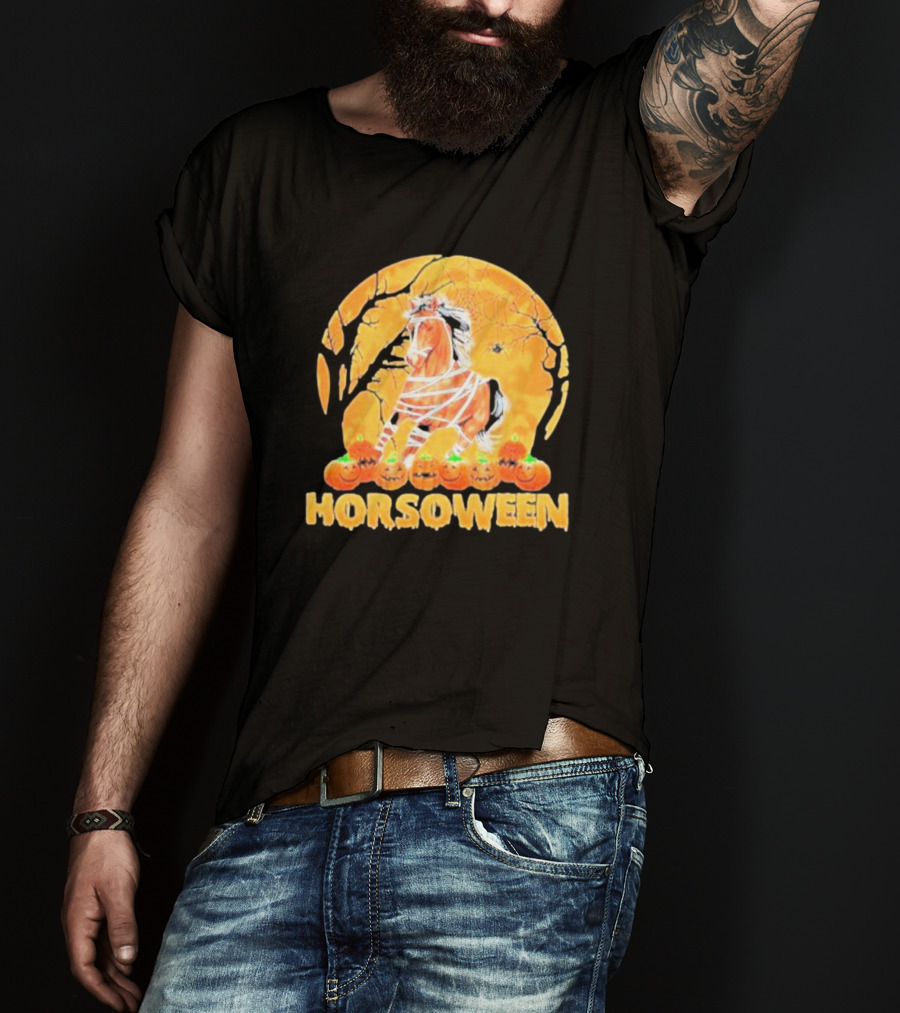 Horsoween Bandaged Horse Spider Web Haunted Pumpkins Red Moon Halloween T-Shirt
