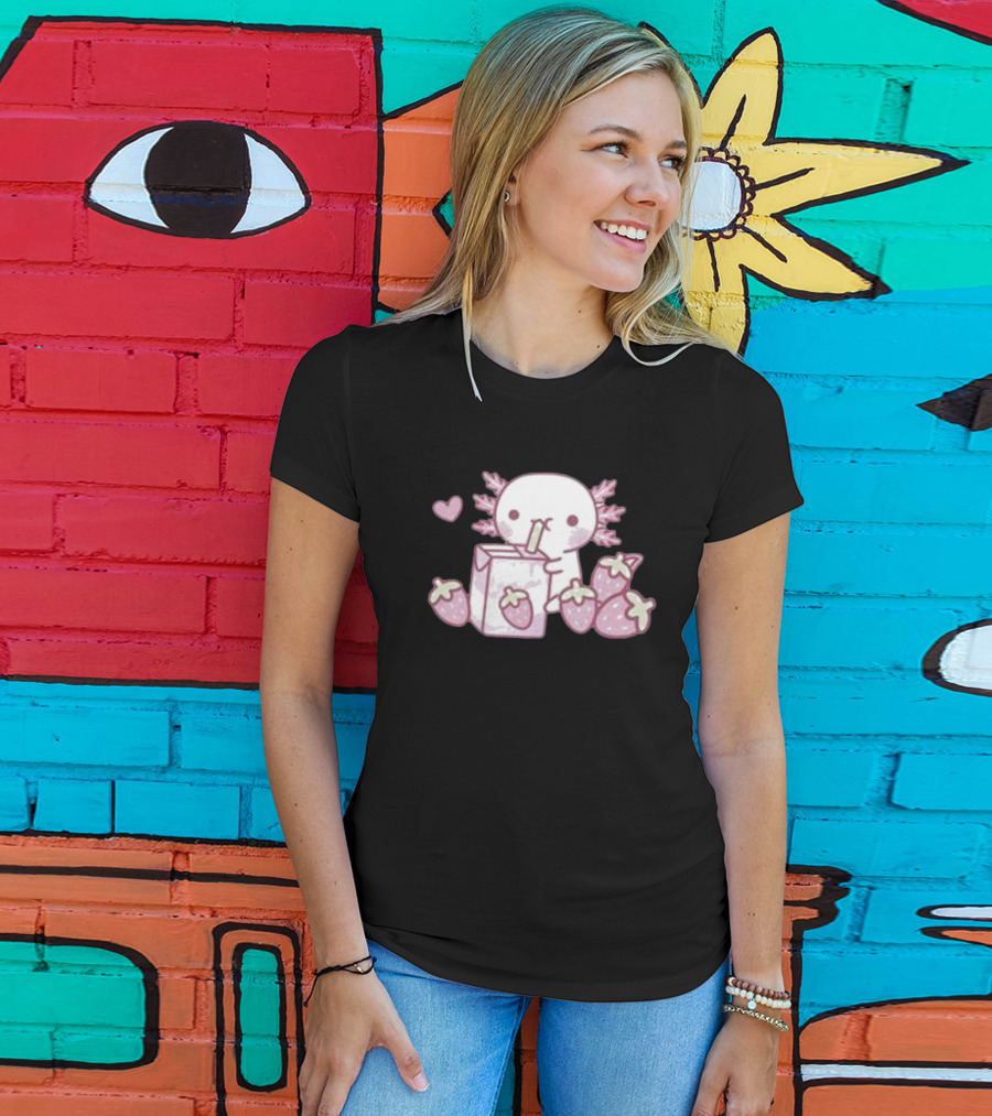 Strawberry Milk Axolotl With Strawberries And Heart T-Shirt