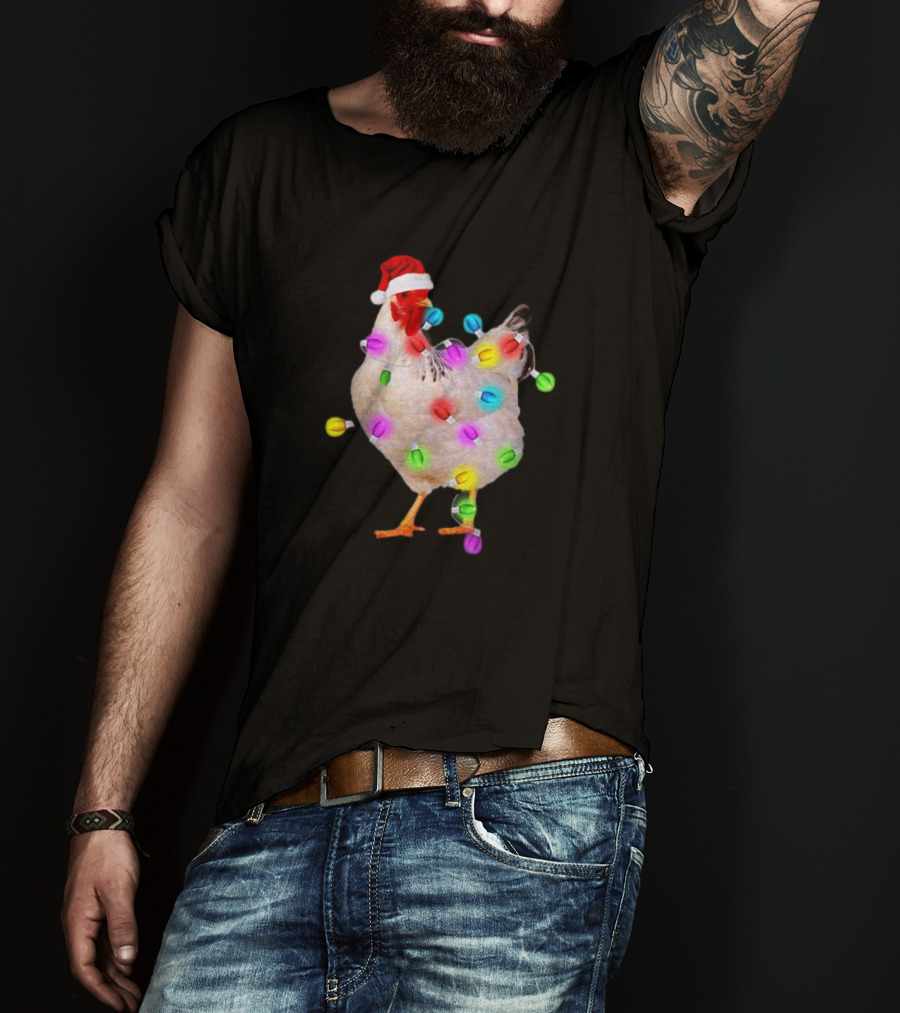 Chicken In Santa Hat With Colorful Christmas Lights T-Shirt