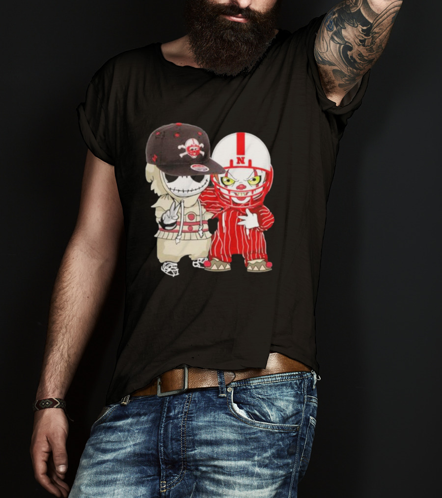 Baby Jack Skellington And Pennywise Nebraska Cornhuskers Halloween Characters T-Shirt