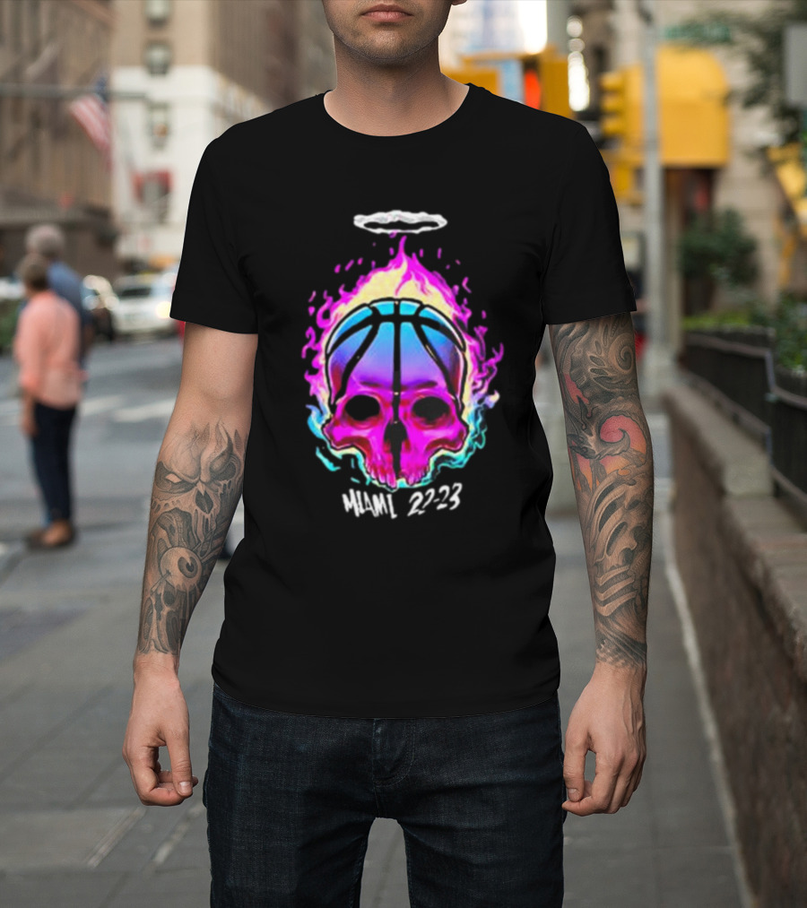 Kiwiclo Miami 22-23 Flaming Skull Basketball Halo T-Shirt