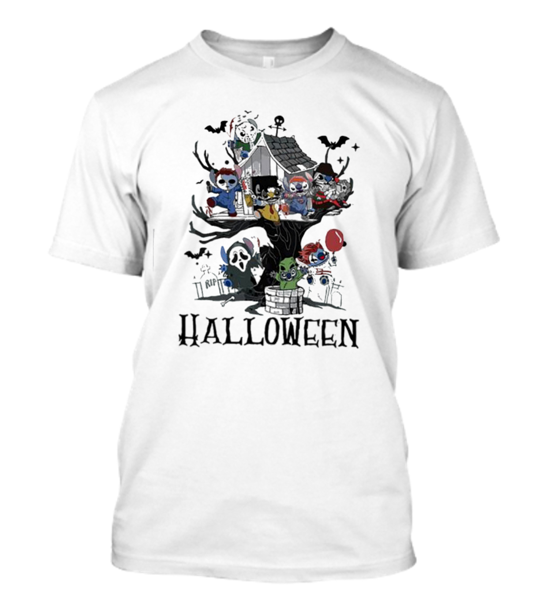 Halloween Stitch Horror Movie Characters Treehouse Scene T-Shirt