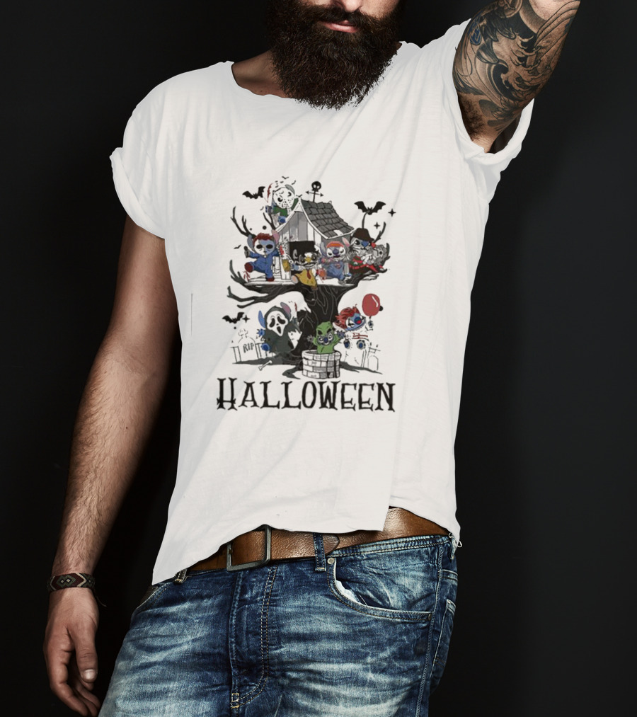 Halloween Stitch Horror Movie Characters Treehouse Scene T-Shirt