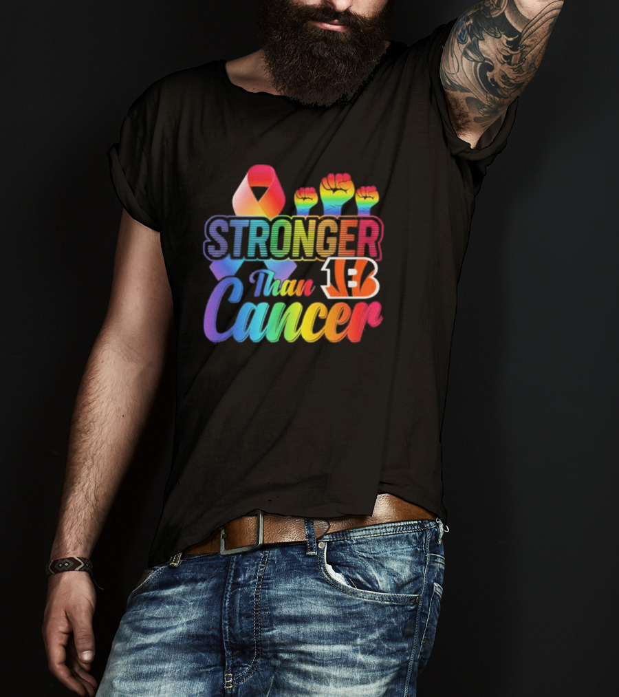 Stronger Than Cancer Cincinnati Bengals NFL Rainbow Ribbon And Fists T-Shirt