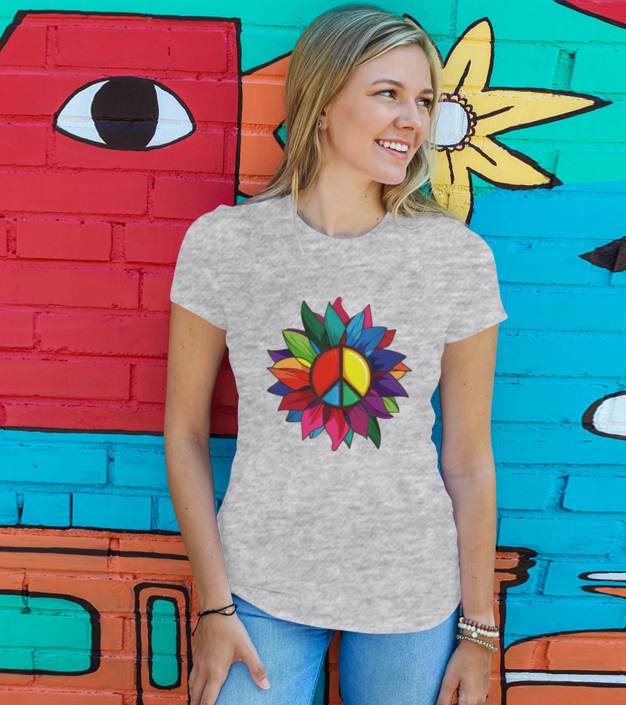 Hippie Rainbow Peace Sign Colorful Flower T-Shirt